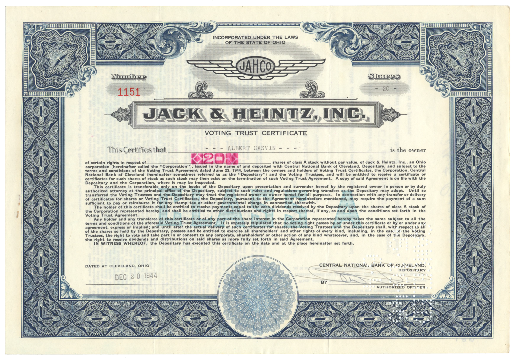 Jack & Heintz, Inc. Stock Certificate