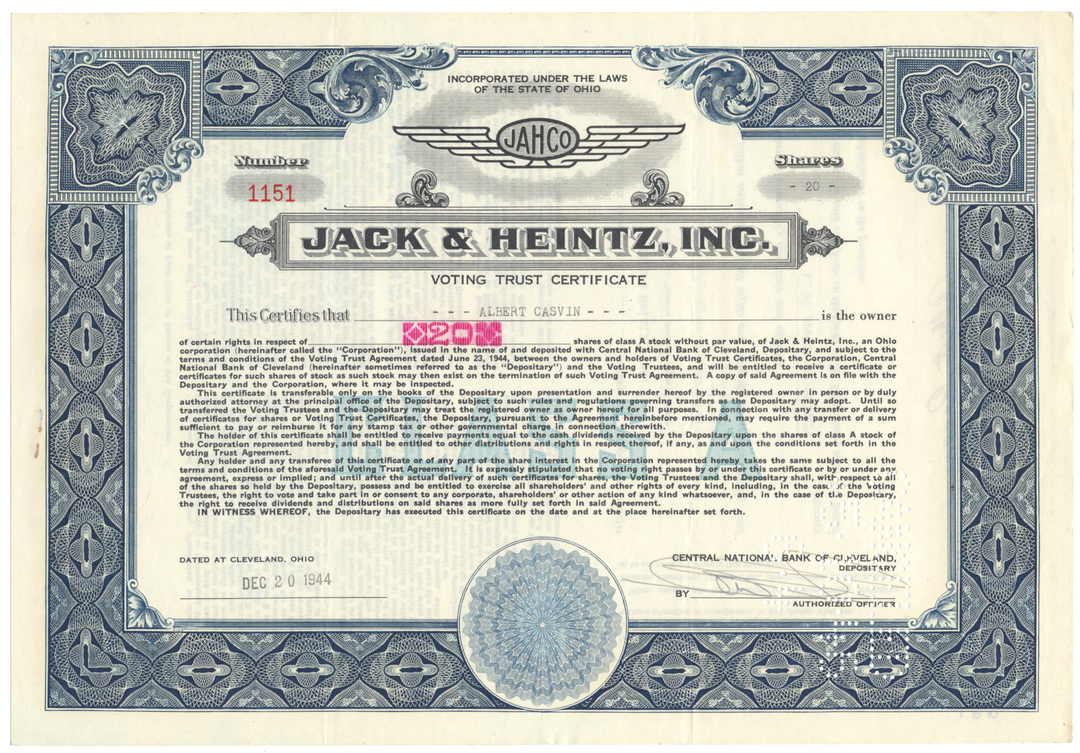 Jack & Heintz, Inc. Stock Certificate