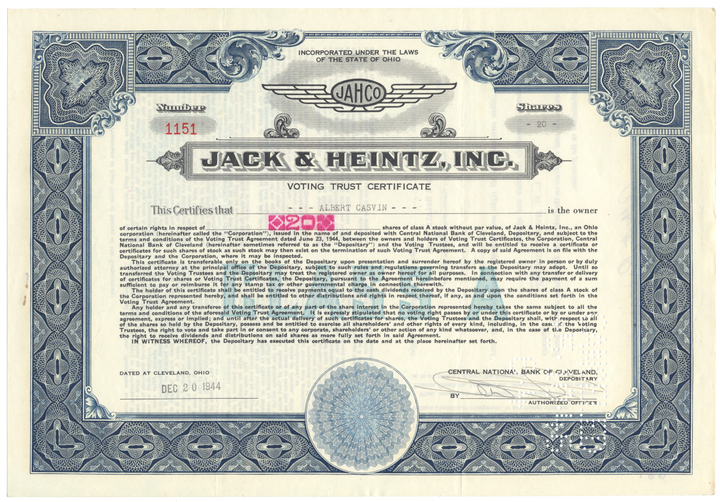 Jack & Heintz, Inc. Stock Certificate