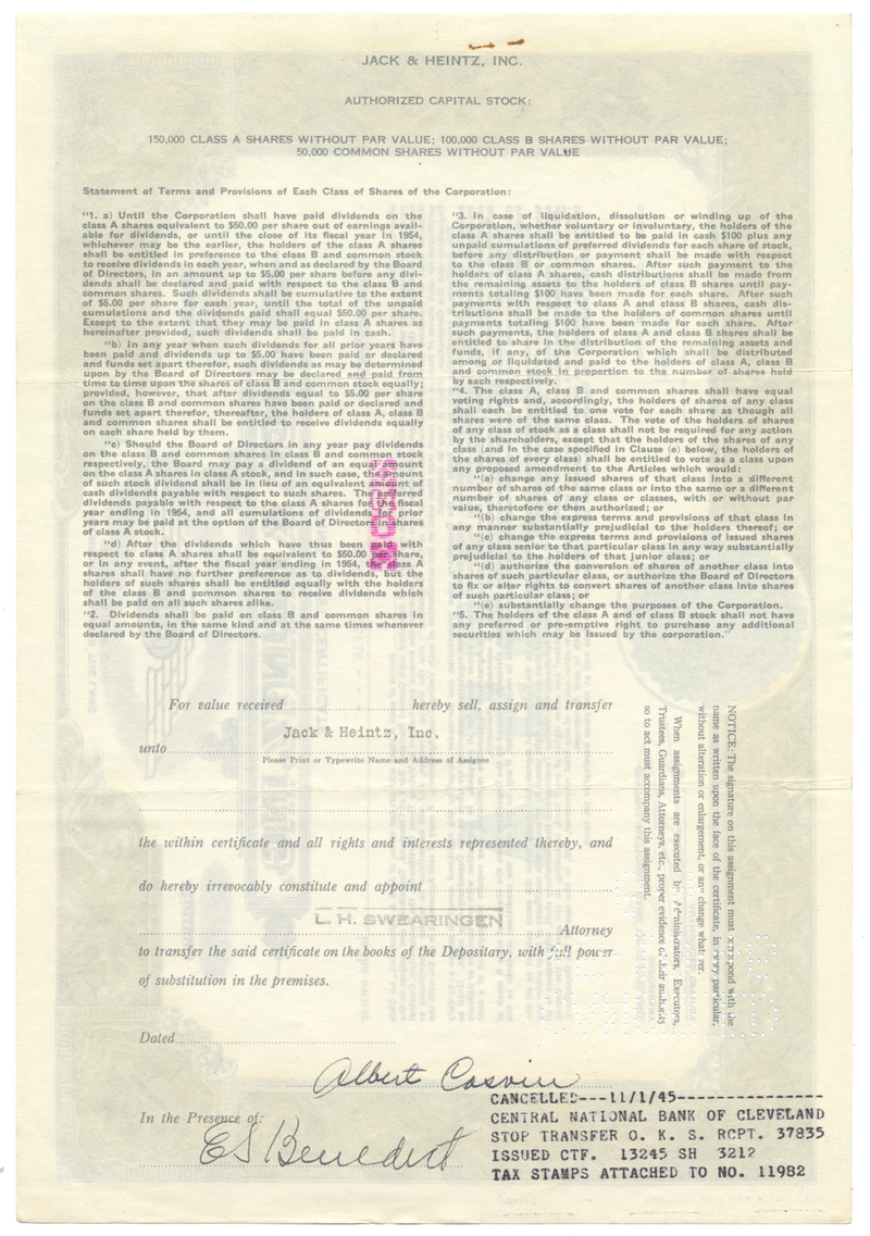 Jack & Heintz, Inc. Stock Certificate