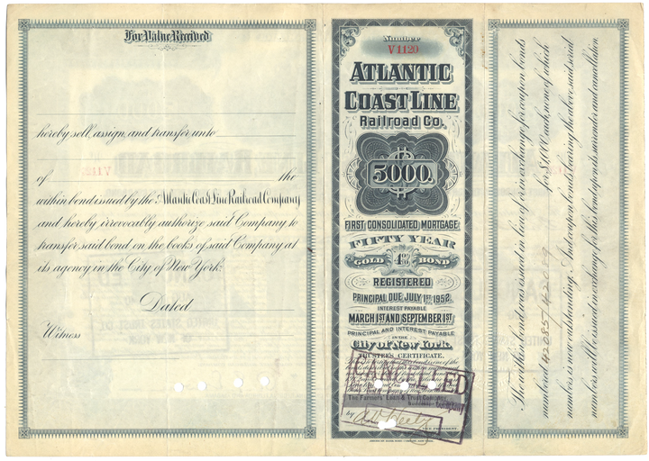 Atlantic Coast Line Railroad Company Bond Certificate