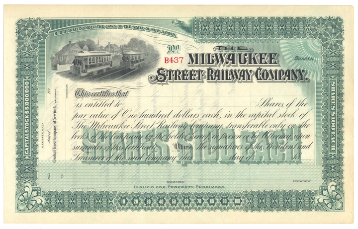 Milwaukee Street Railway Company Stock Certificate