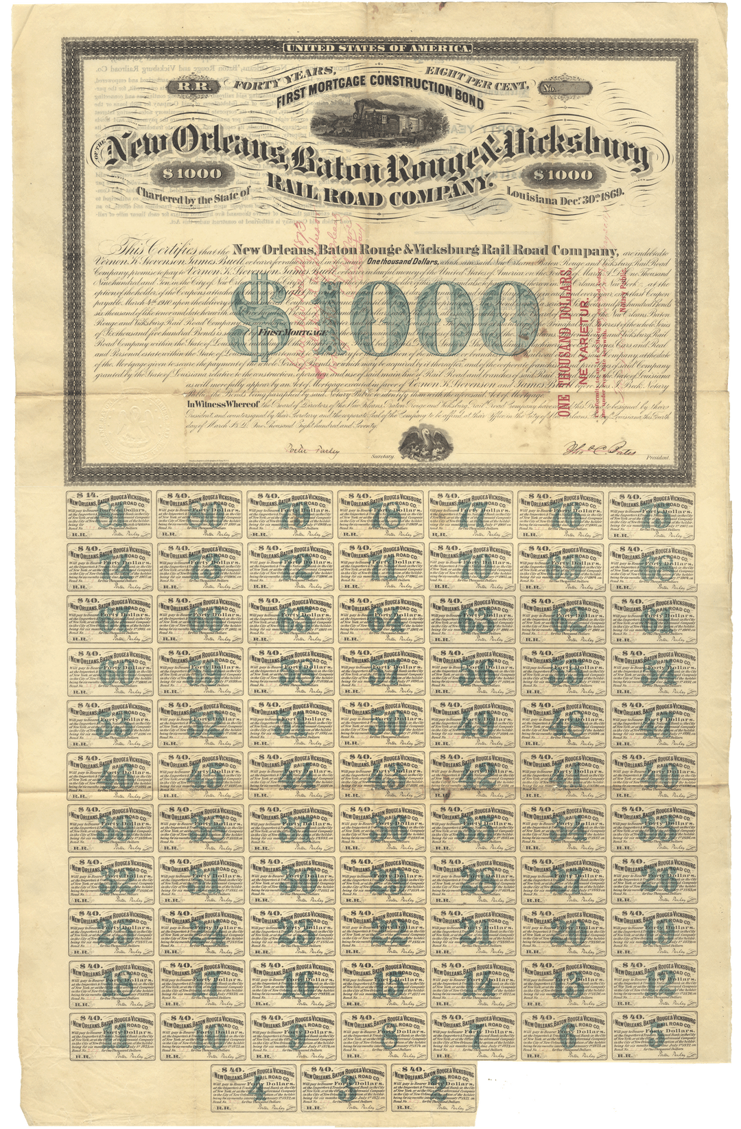 Historical $1000 bond certificate for the New Orleans & Baton Rouge & Vicksburg Rail Road Company from 1870