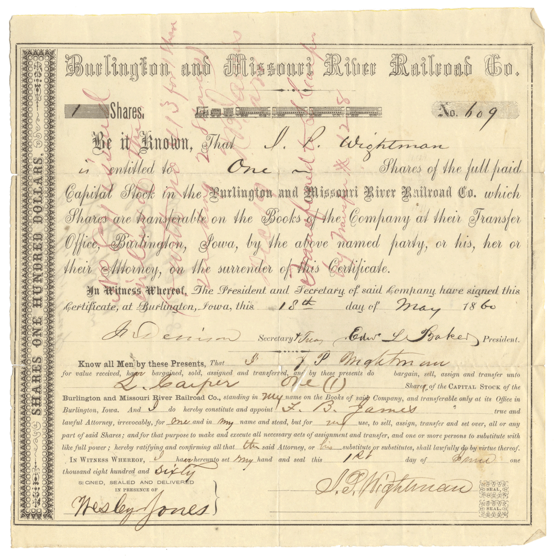 Historical stock certificate from Burlington and Missouri River Railroad Co. from 1860.