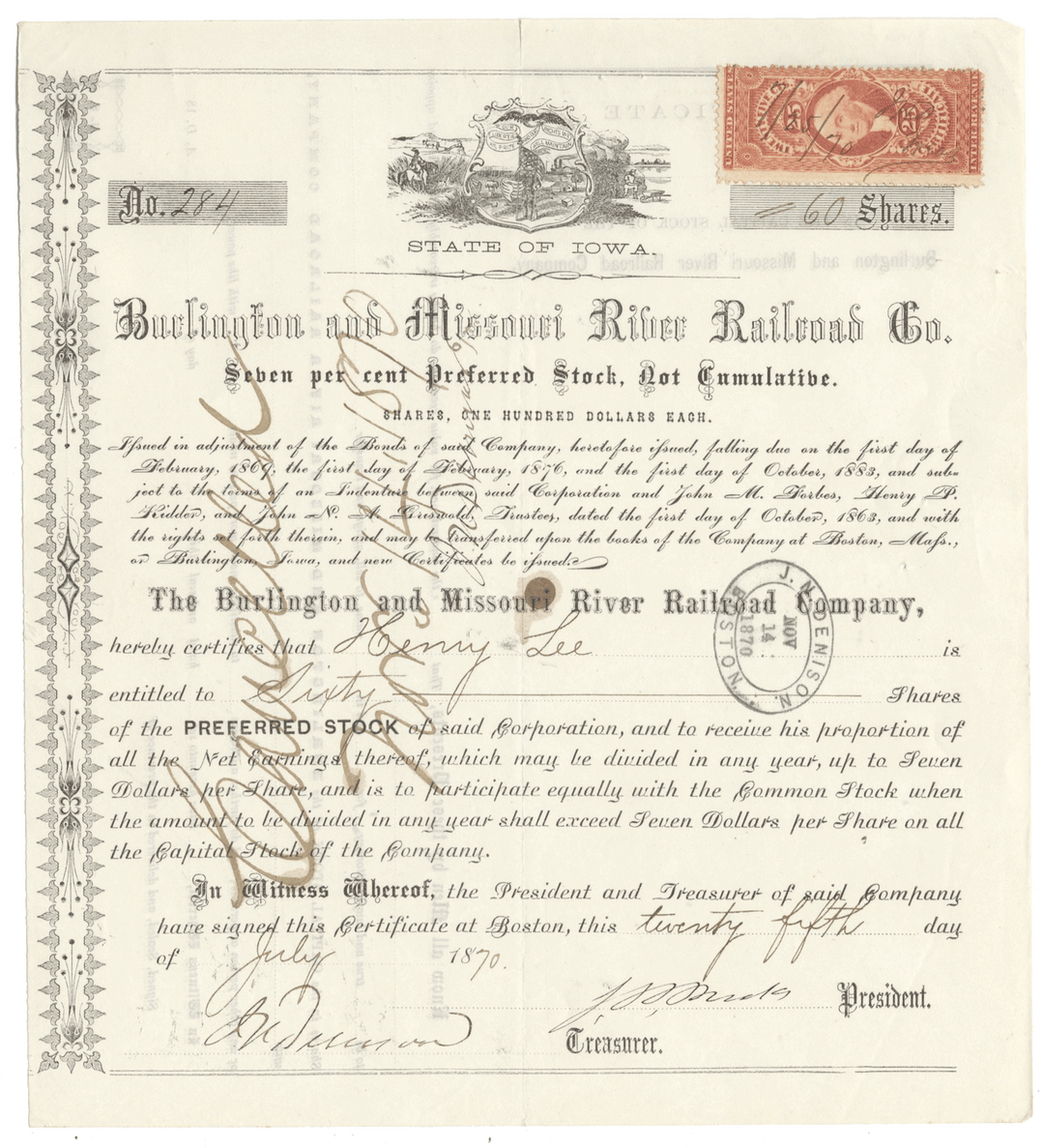 Historical stock certificate from the Burlington and Missouri River Railroad Company with a revenue stamp
