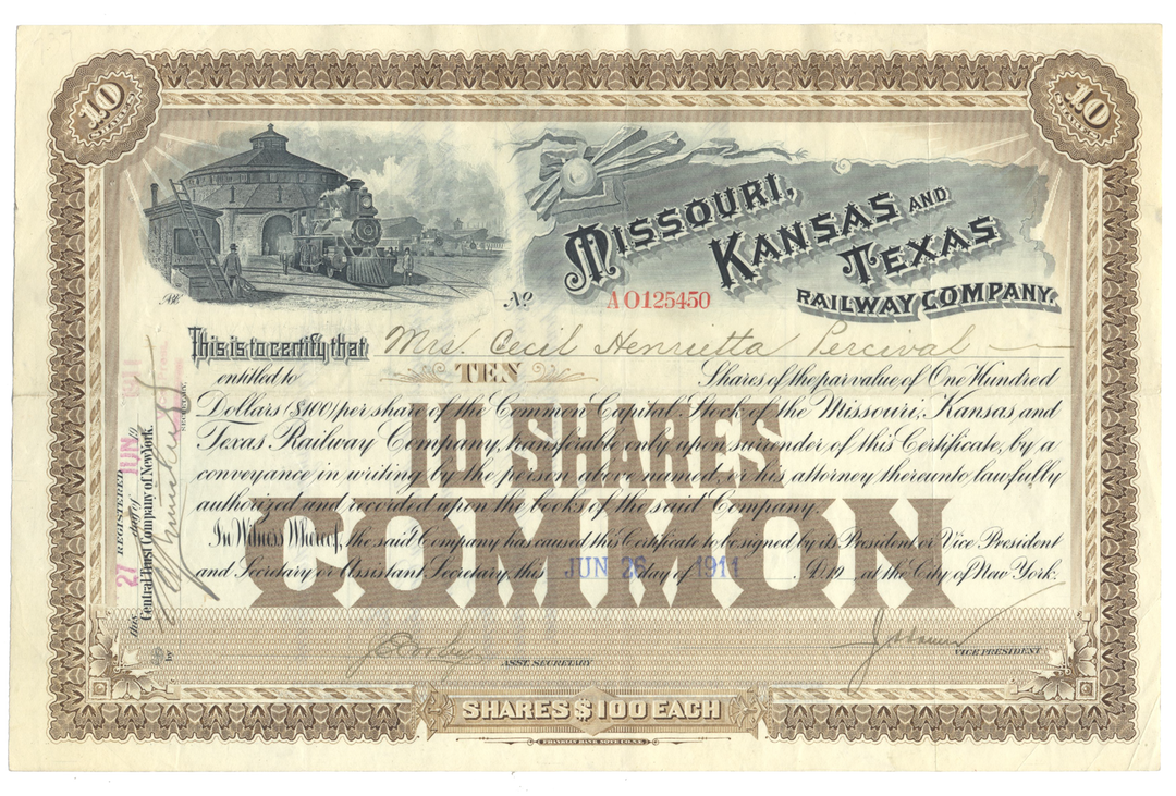 Missouri, Kansas and Texas Railway Company Stock Certificate