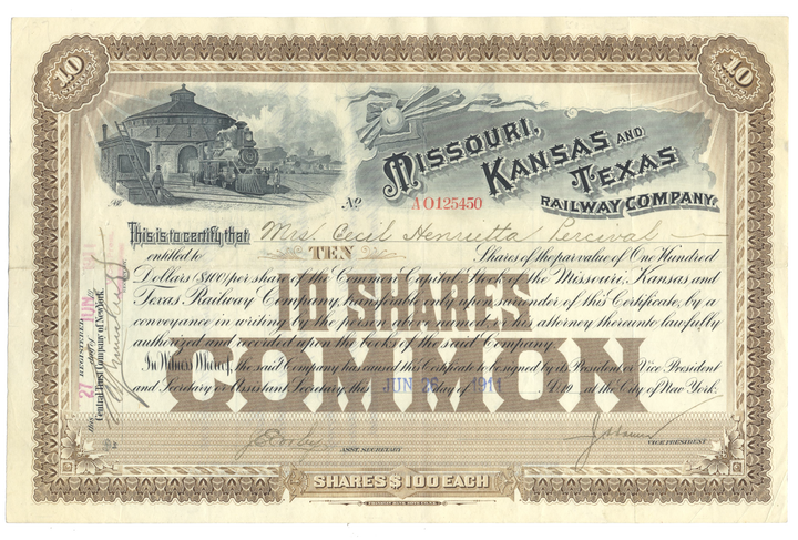 Missouri, Kansas and Texas Railway Company Stock Certificate