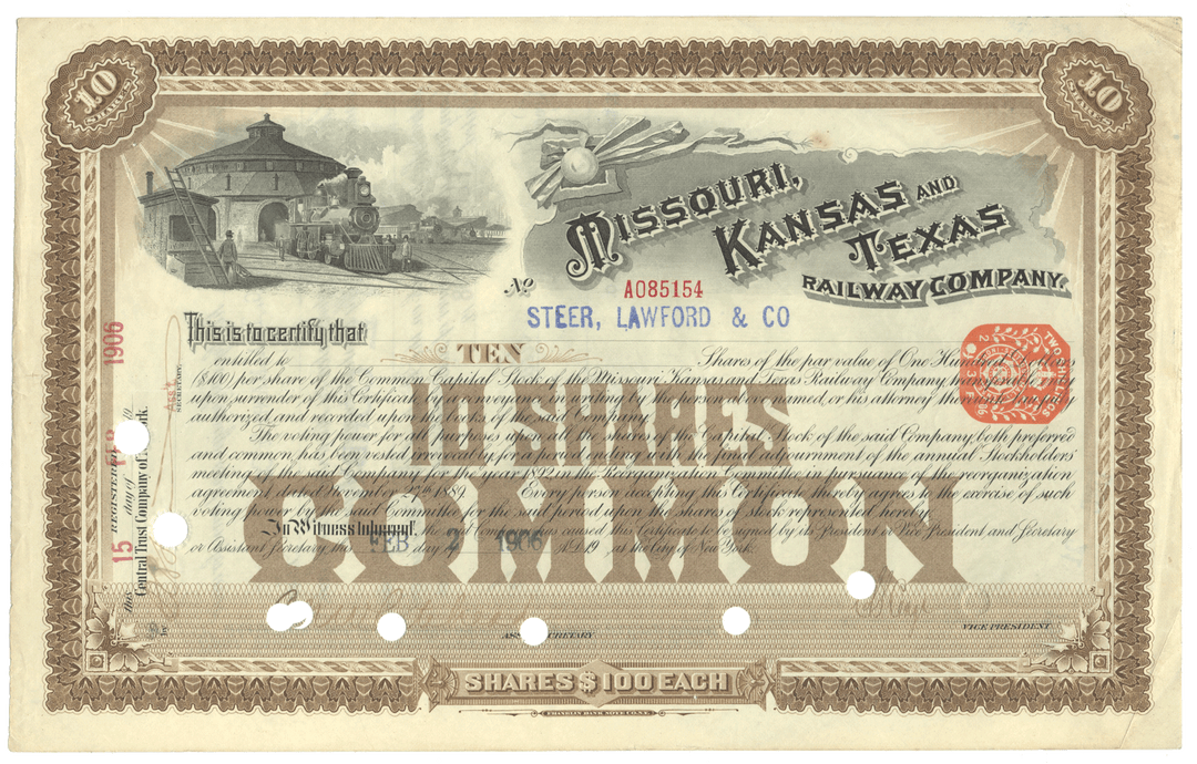 Missouri, Kansas and Texas Railway Company Stock Certificate