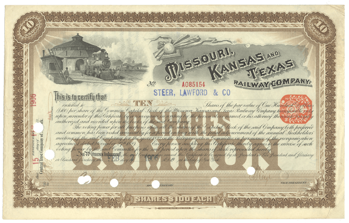 Missouri, Kansas and Texas Railway Company Stock Certificate