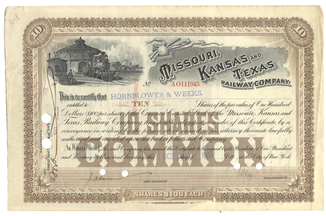 An antique 1909 Missouri, Kansas, and Texas Railway Company stock certificate