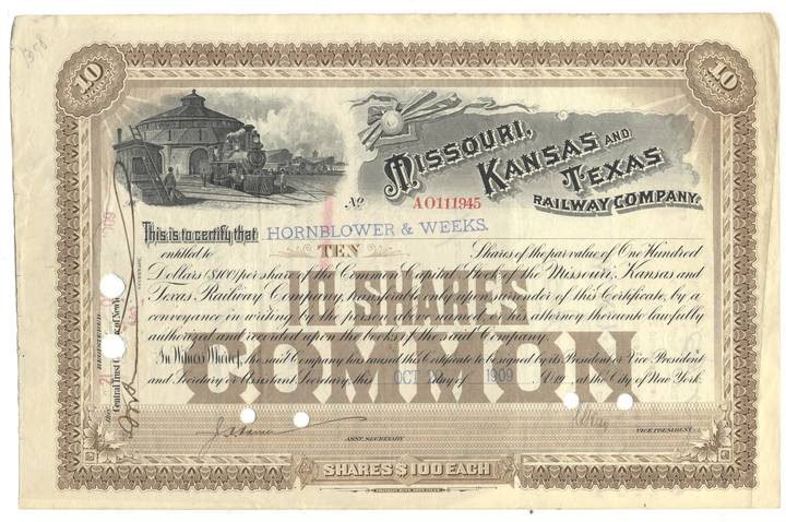 An antique 1909 Missouri, Kansas, and Texas Railway Company stock certificate