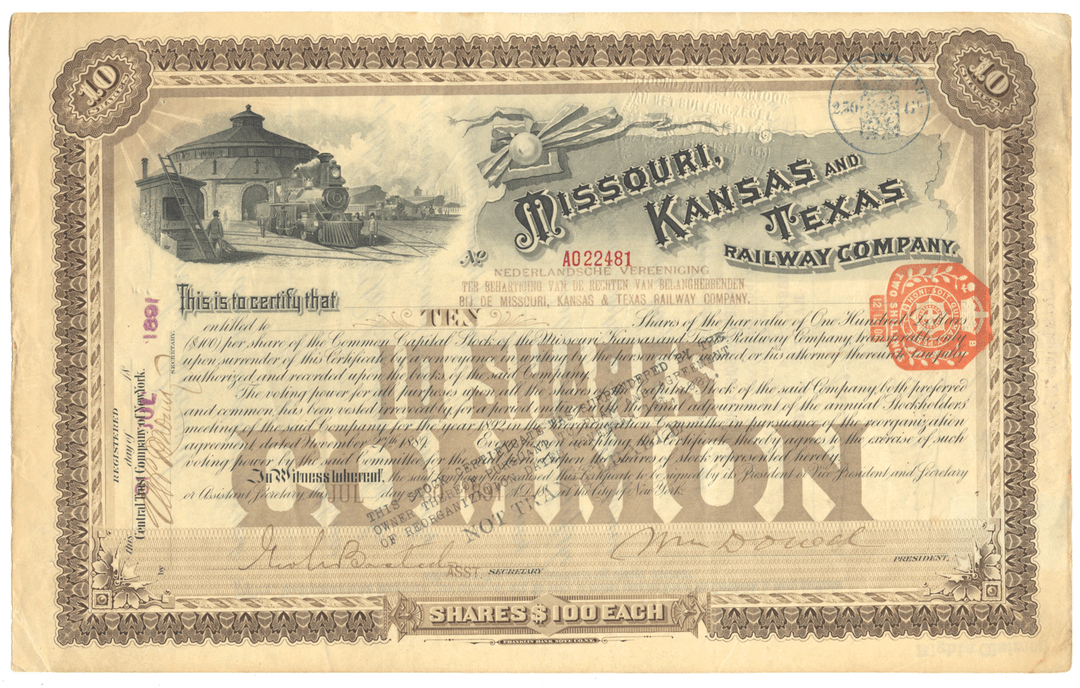 Missouri, Kansas and Texas Railway Company Stock Certificate