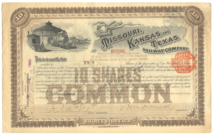 Missouri, Kansas and Texas Railway Company Stock Certificate