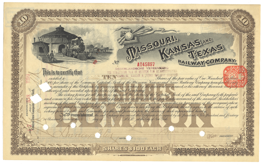 Missouri, Kansas and Texas Railway Company Stock Certificate