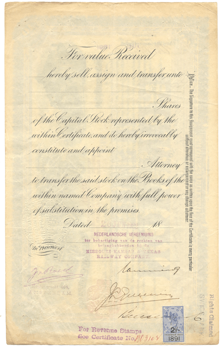 Missouri, Kansas and Texas Railway Company Stock Certificate