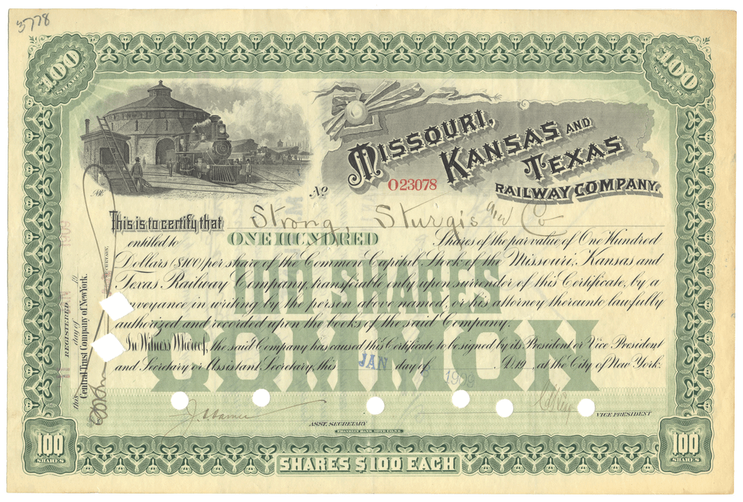 Missouri, Kansas and Texas Railway Company Stock Certificate