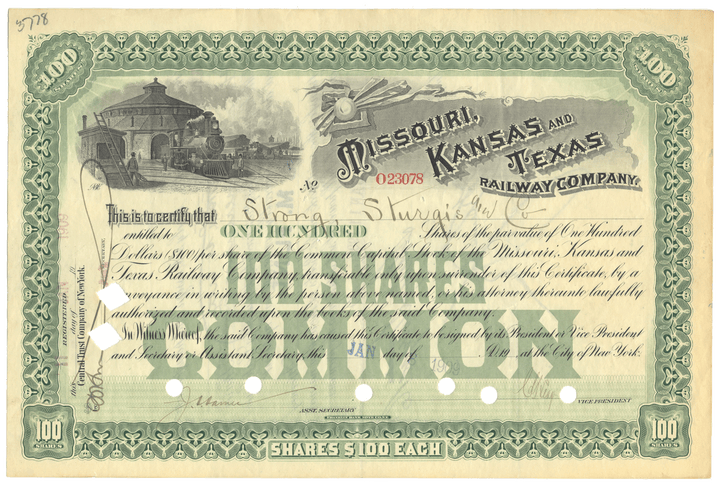 Missouri, Kansas and Texas Railway Company Stock Certificate