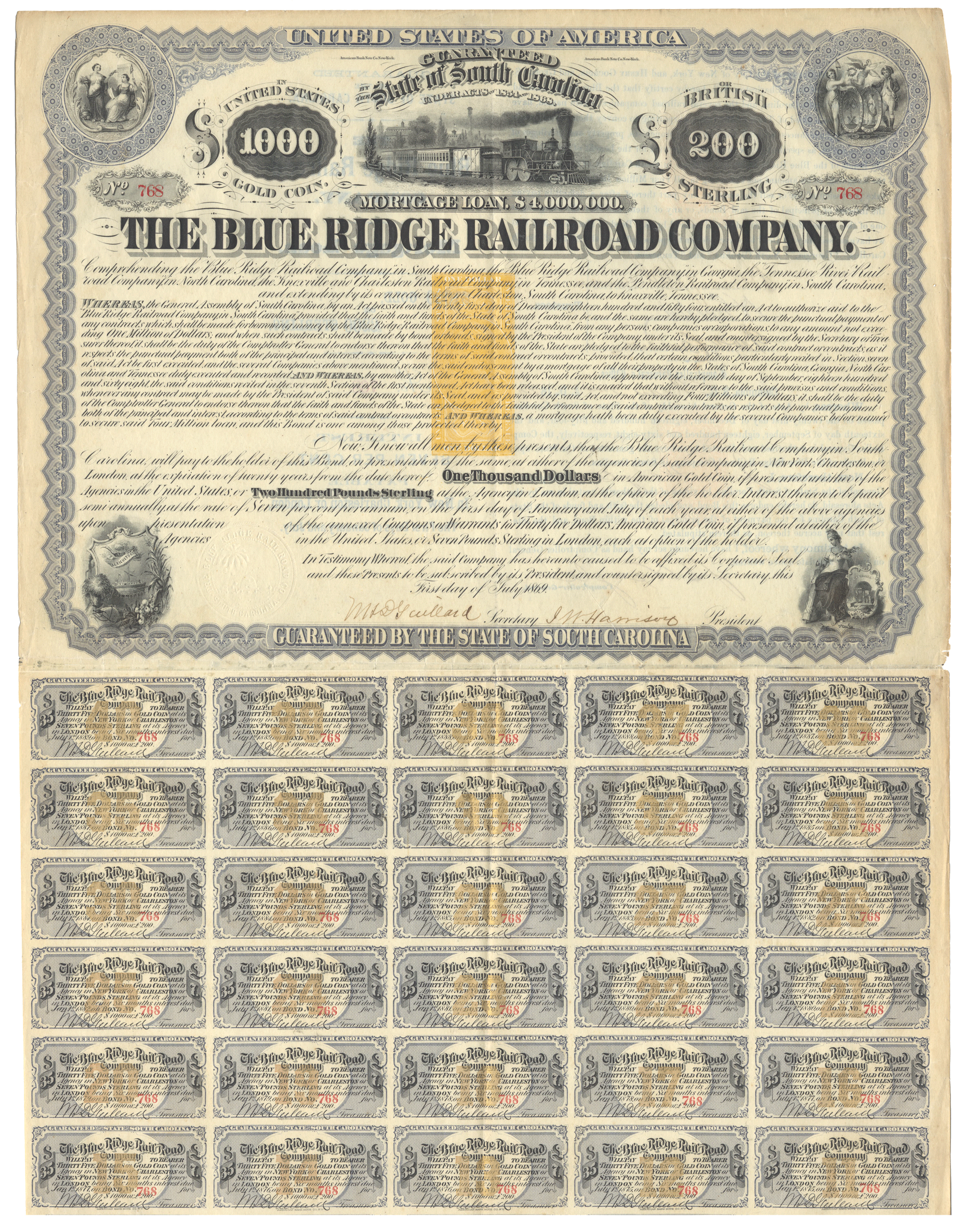 Blue Ridge Railroad Company Bond Certificate Signed by Henry Clews
