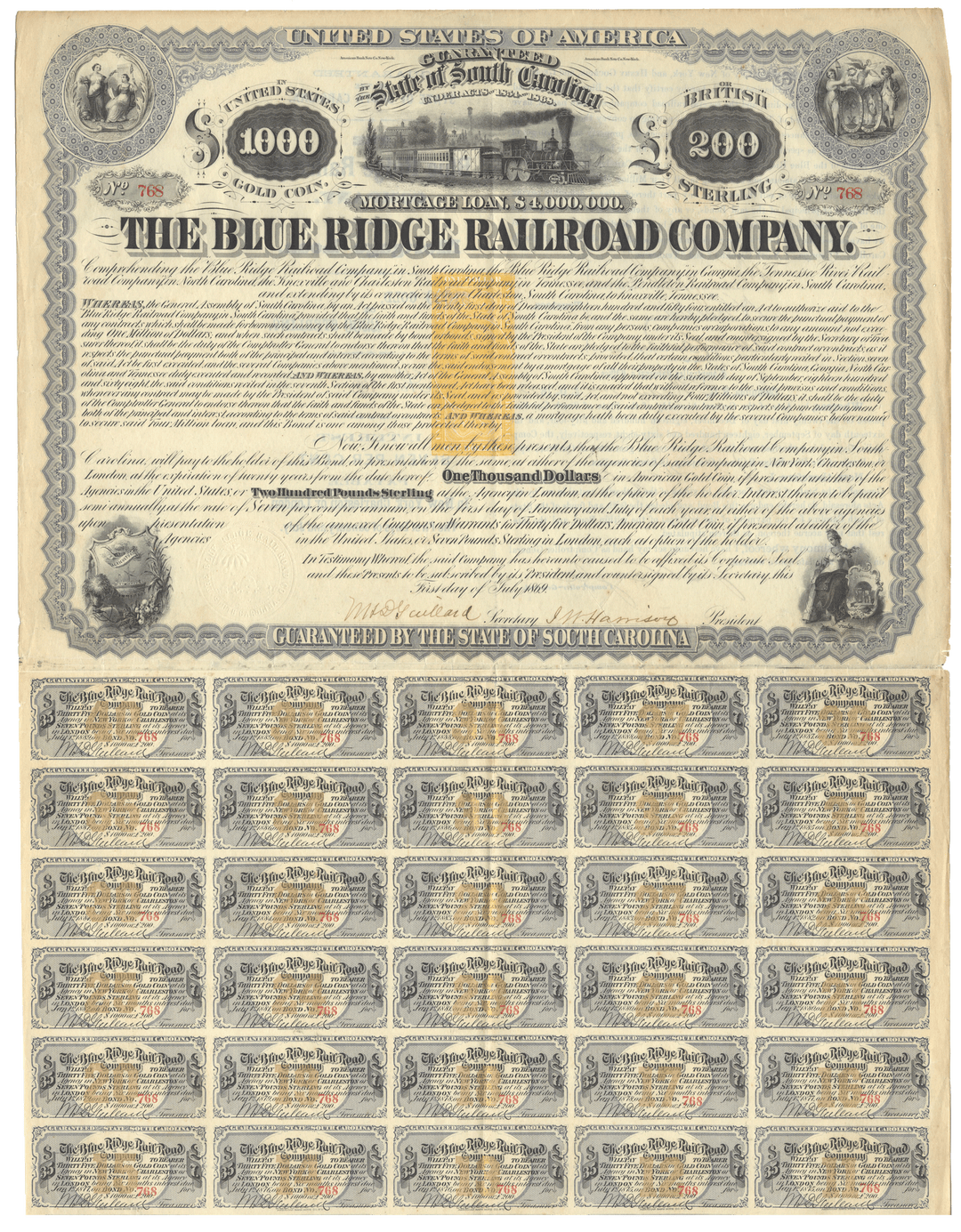 Blue Ridge Railroad Company Bond Certificate Signed by Henry Clews