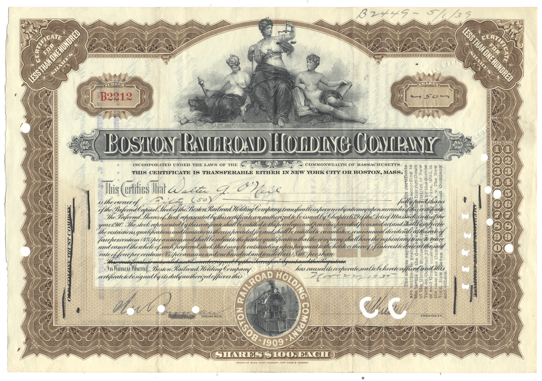 An antique Boston Railroad Holding Company stock certificate dated 1935