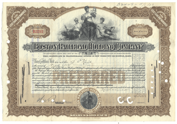 An antique Boston Railroad Holding Company stock certificate dated 1935