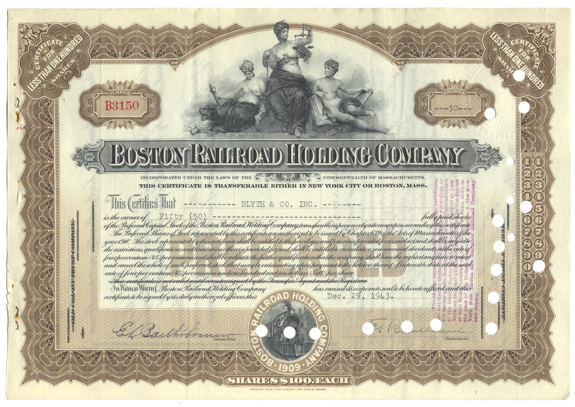 Vintage stock certificate of the Boston Railroad Holding Company from 1943