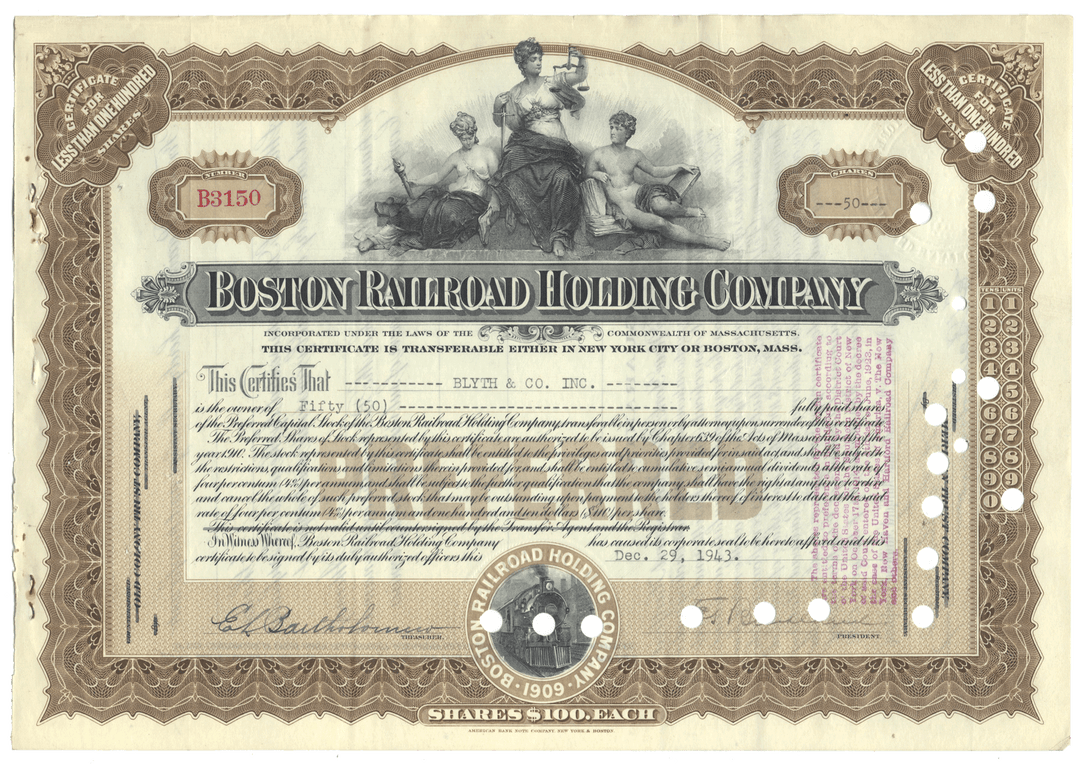 Vintage stock certificate of the Boston Railroad Holding Company from 1943