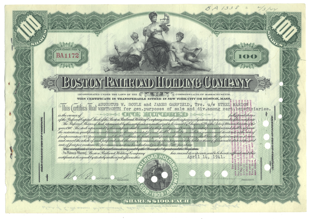 Vintage stock certificate of the Boston Railroad Holding Company dated 1941