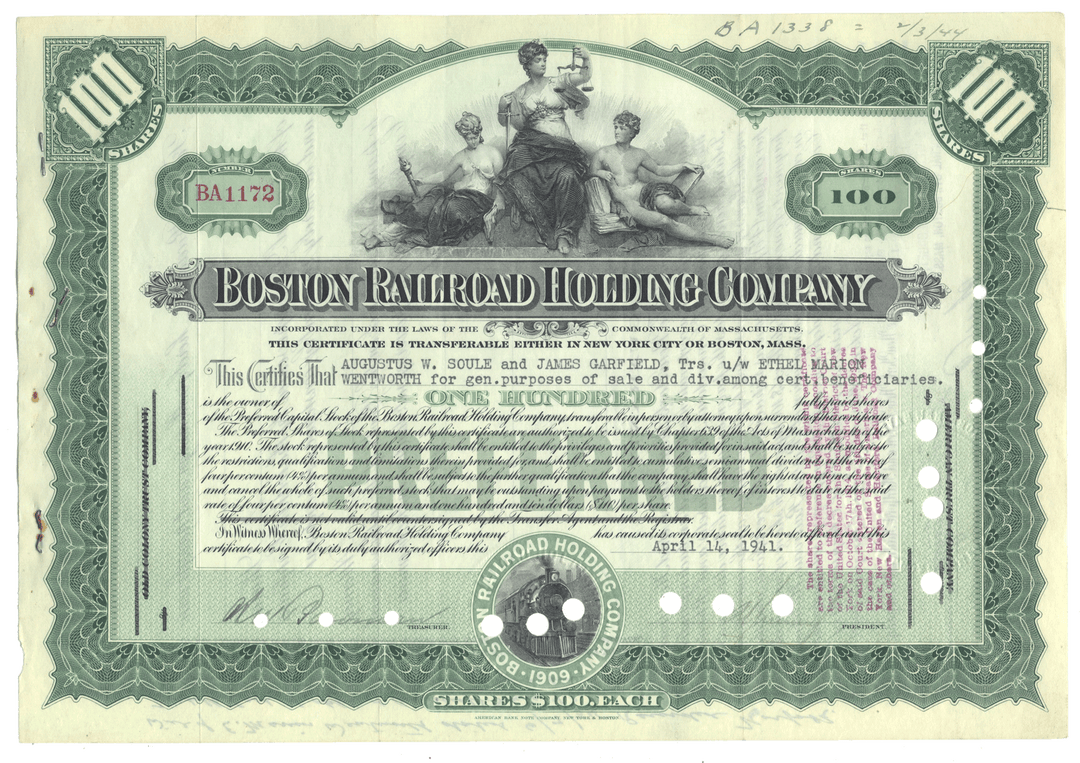 Vintage stock certificate of the Boston Railroad Holding Company dated 1941
