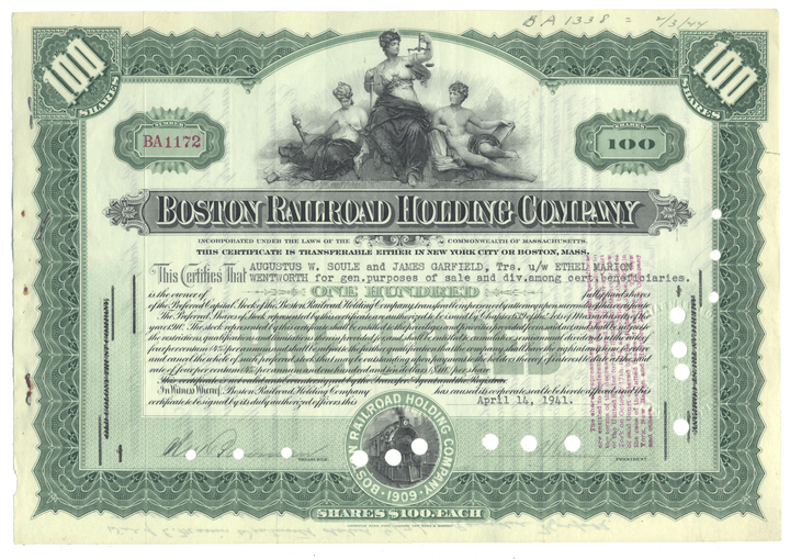 Vintage stock certificate of the Boston Railroad Holding Company dated 1941