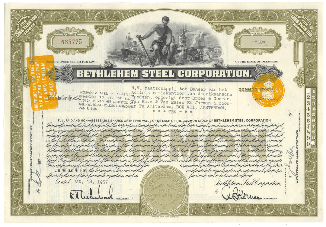 Vintage Bethlehem Steel Corporation stock certificate with detailed text and graphics.