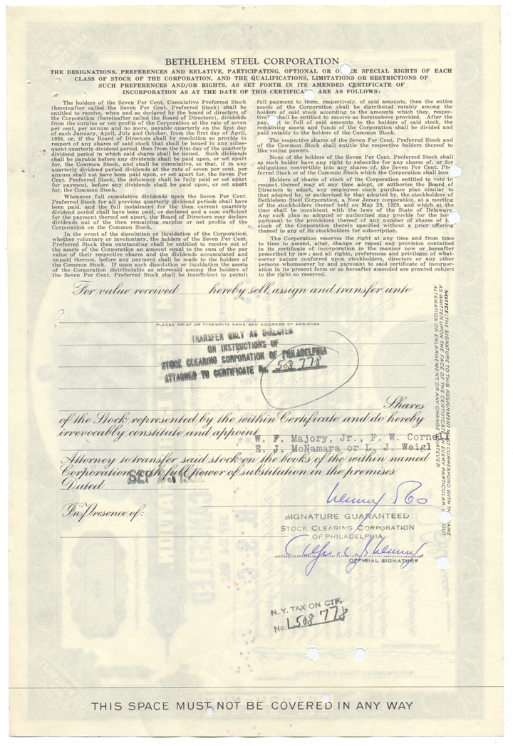 Bethlehem Steel Corporation Stock Certificate