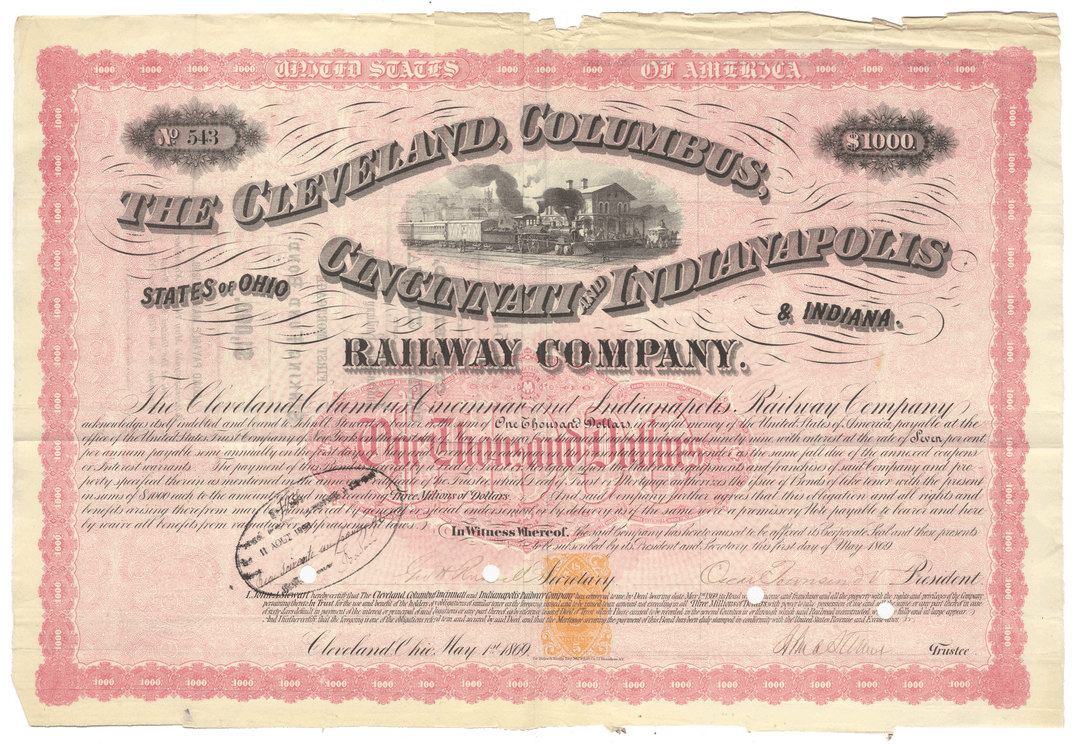 Vintage bond certificate for the Cleveland, Columbus, Cincinnati & Indianapolis Railway Company from 1869