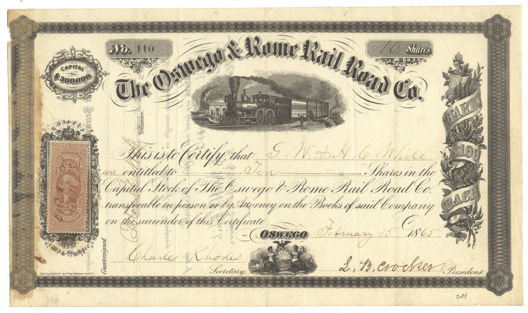 Vintage stock certificate for the Oswego & Rome Rail Road Co. with decorative elements.