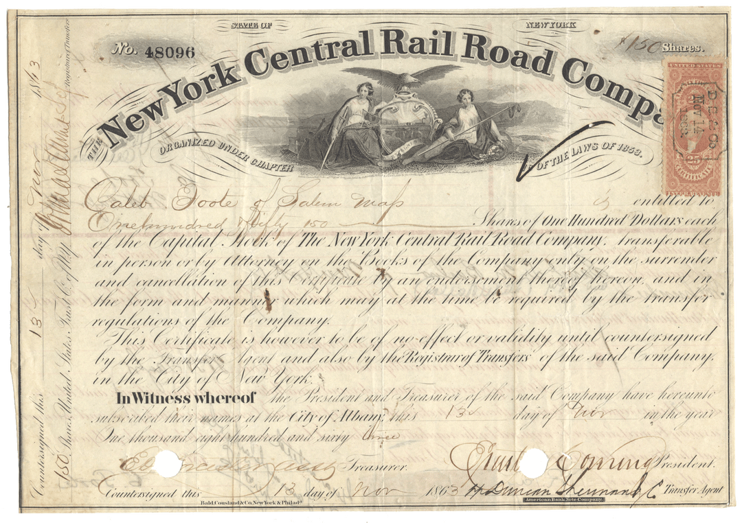 New York Central Rail Road Company Stock Certificate Signed by Erastus Corning