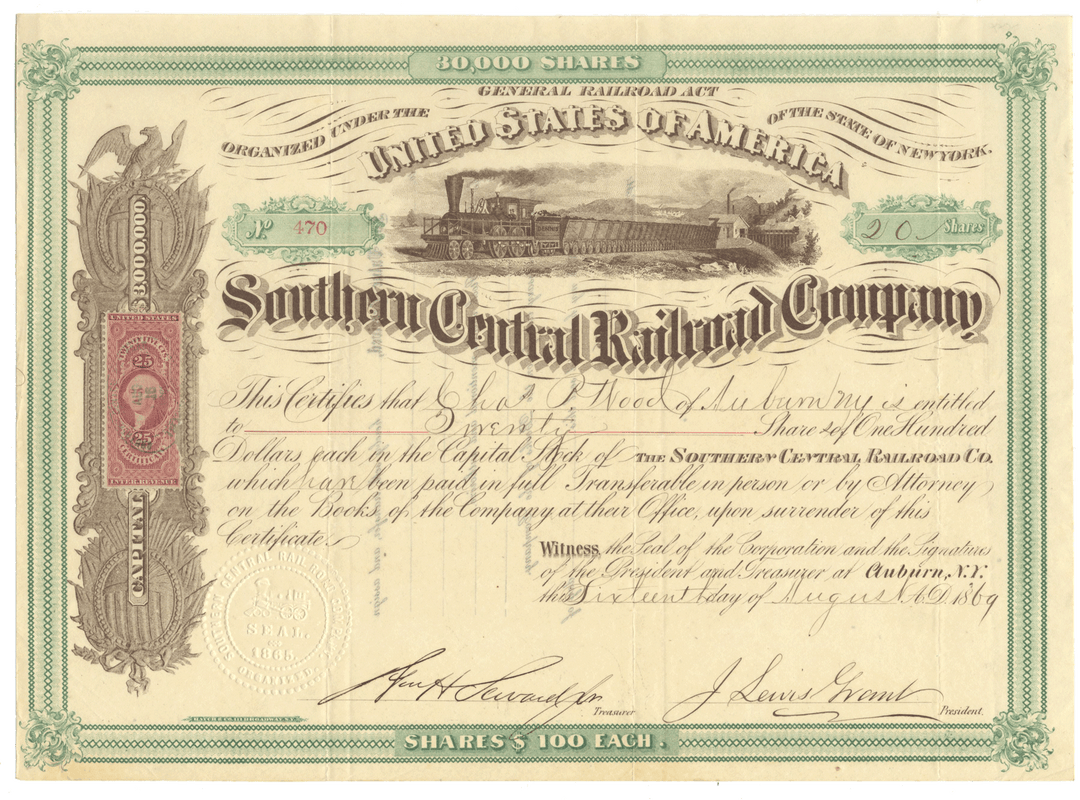 Southern Central Railroad Company Stock Certificate Signed by William H. Seward, Jr.