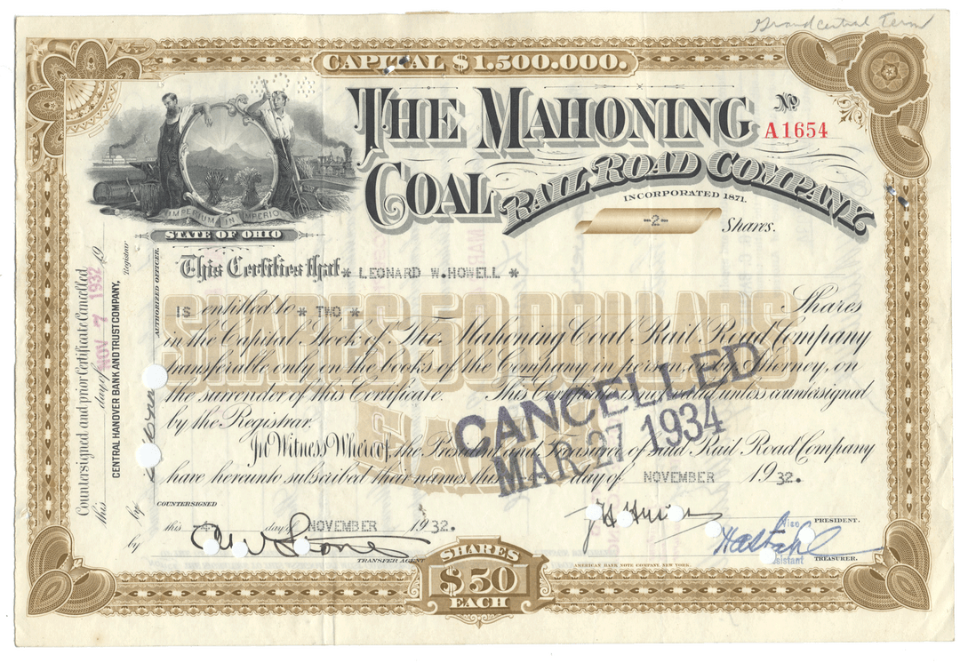 Vintage stock certificate for the Mahoning Coal & Rail Road Company with decorative elements.