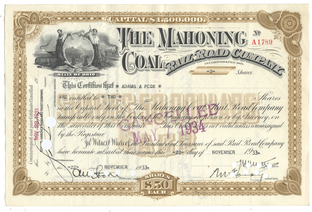 Vintage stock certificate for The Mahoning Coal Railroad Company with ornate design elements from 1933