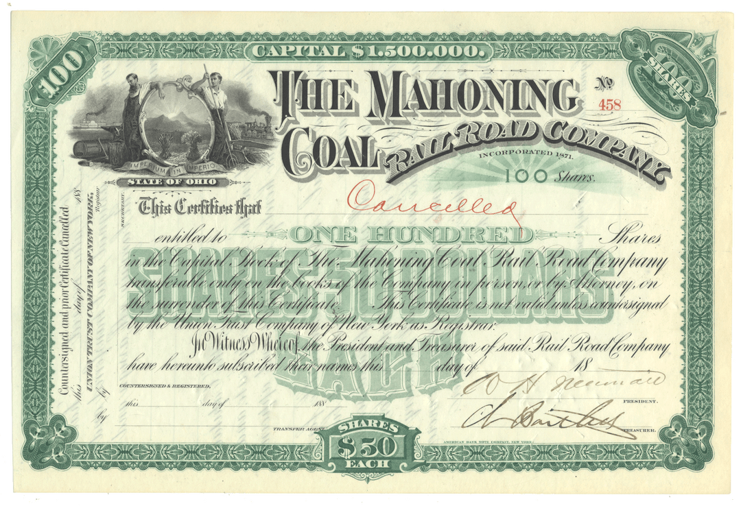 Historical stock certificate of The Mahoning Coal Railroad Company with green and black design.