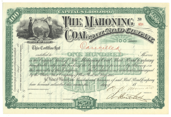 Historical stock certificate of The Mahoning Coal Railroad Company with green and black design.