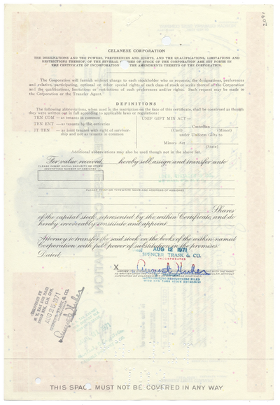 Celanese Corporation Stock Certificate