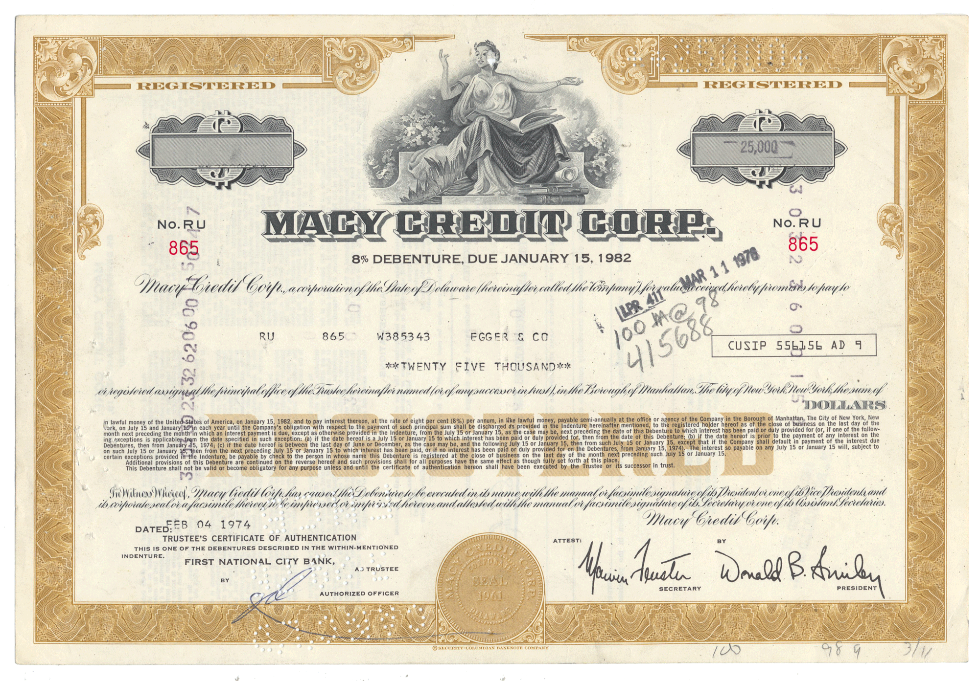 Macy Credit Corp. bond certificate from 1974