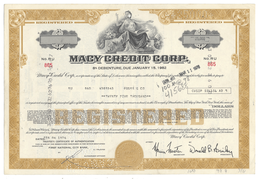 Macy Credit Corp. bond certificate from 1974