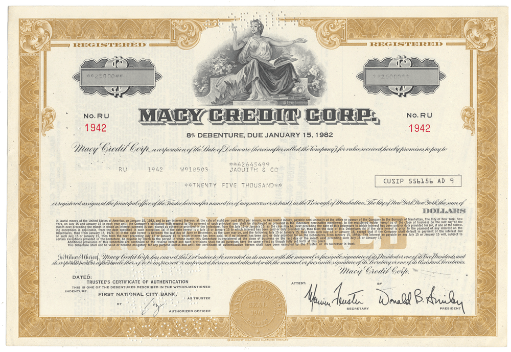 Macy Credit Corp. bond certificate with decorative border and text