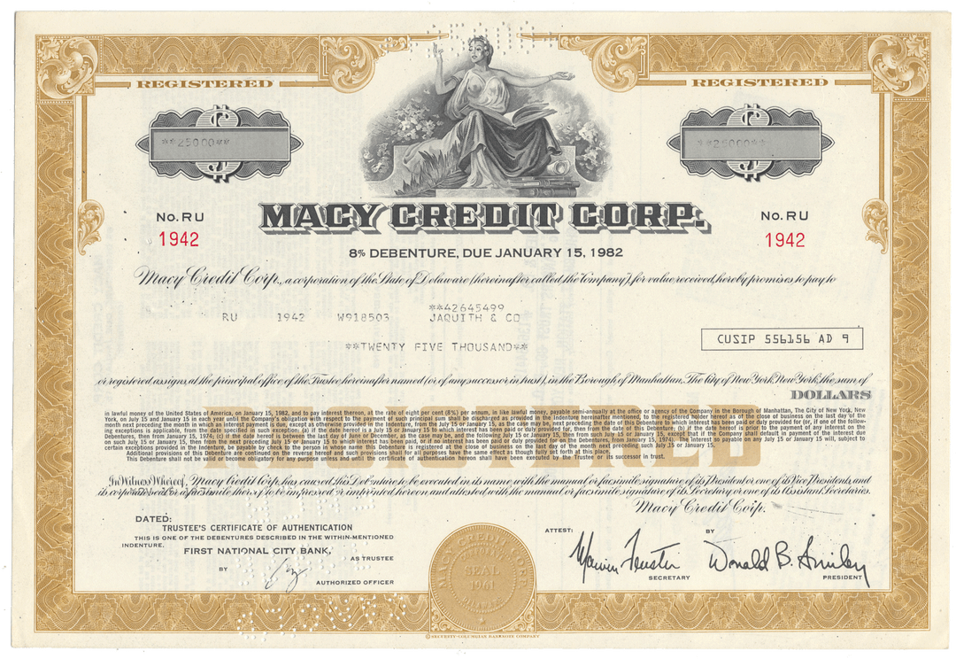 Macy Credit Corp. bond certificate with decorative border and text