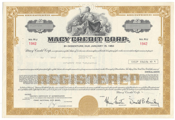 Macy Credit Corp. bond certificate with decorative border and text