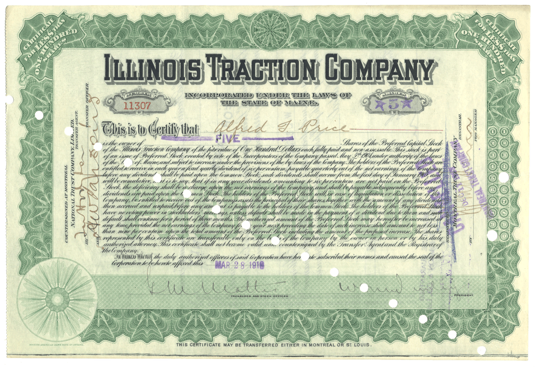 Illinois Traction Company Stock Certificate