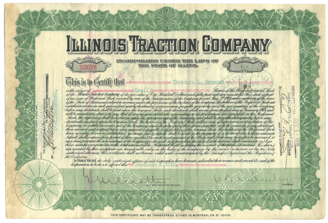 Stock certificate of the Illinois Traction Company from 1916