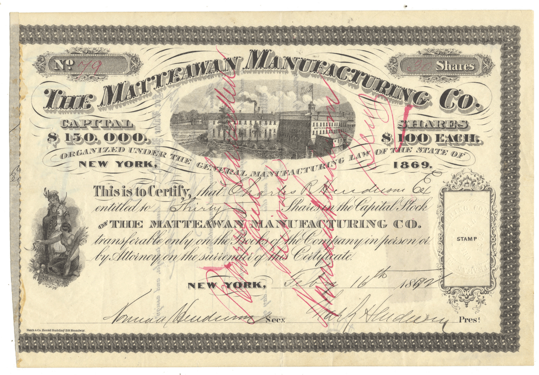 An antique stock certificate from The Matteawan Manufacturing Co., dated 1892