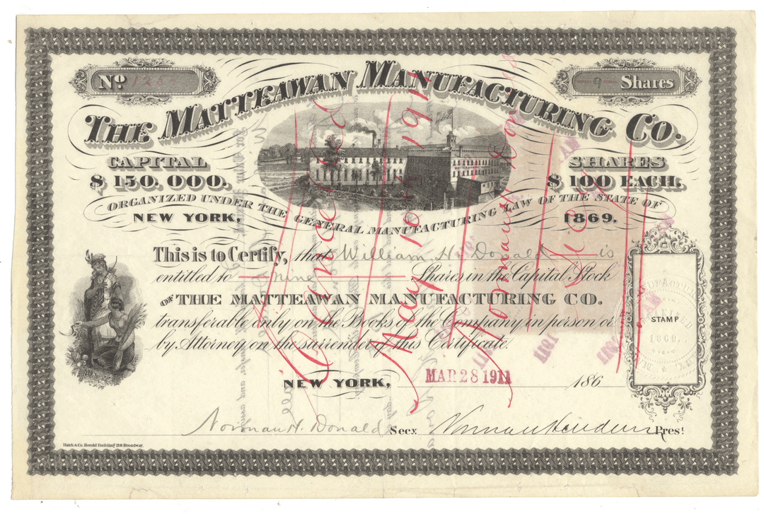 Vintage stock certificate for The Matteawan Manufacturing Co. from 1911